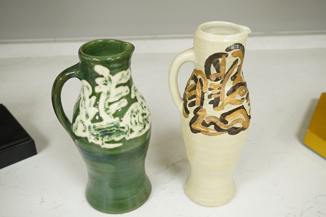 Nicola Tassie (b.1960), Three jugs and a slipware bowl, each signed to the bases, largest 28cm high